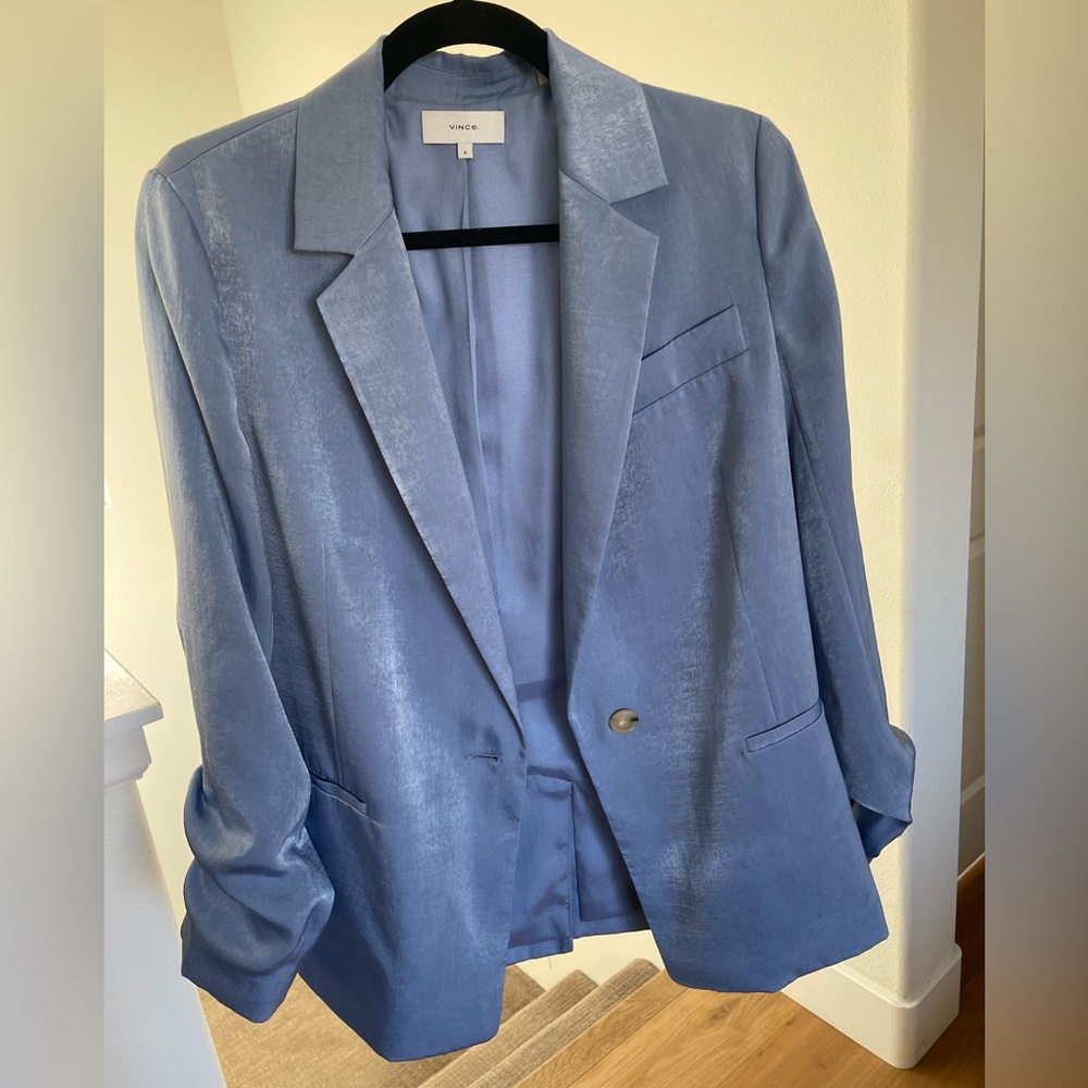 Vince Hammered Satin Drape Boyfriend Blazer in Sky Graphite